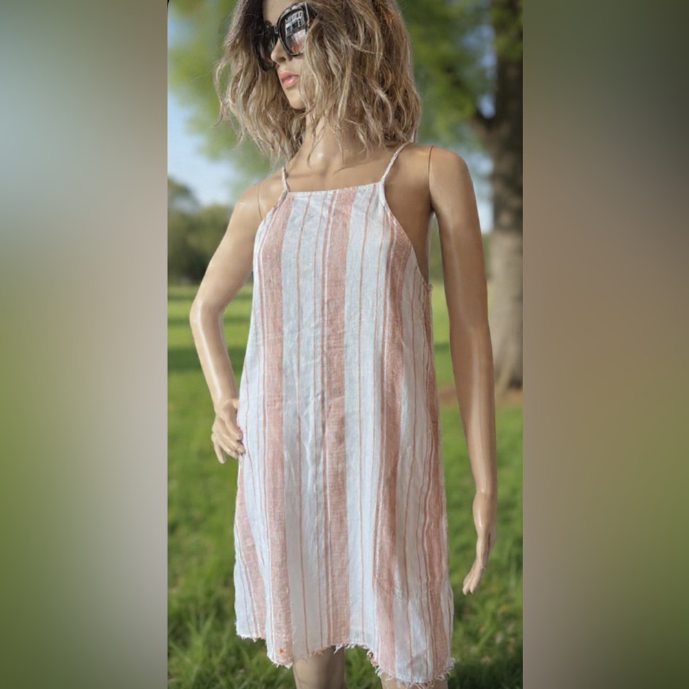 Anthropologie Cloth & Stone Halter Boho Linen Mini Dress Striped Dress Sz Small